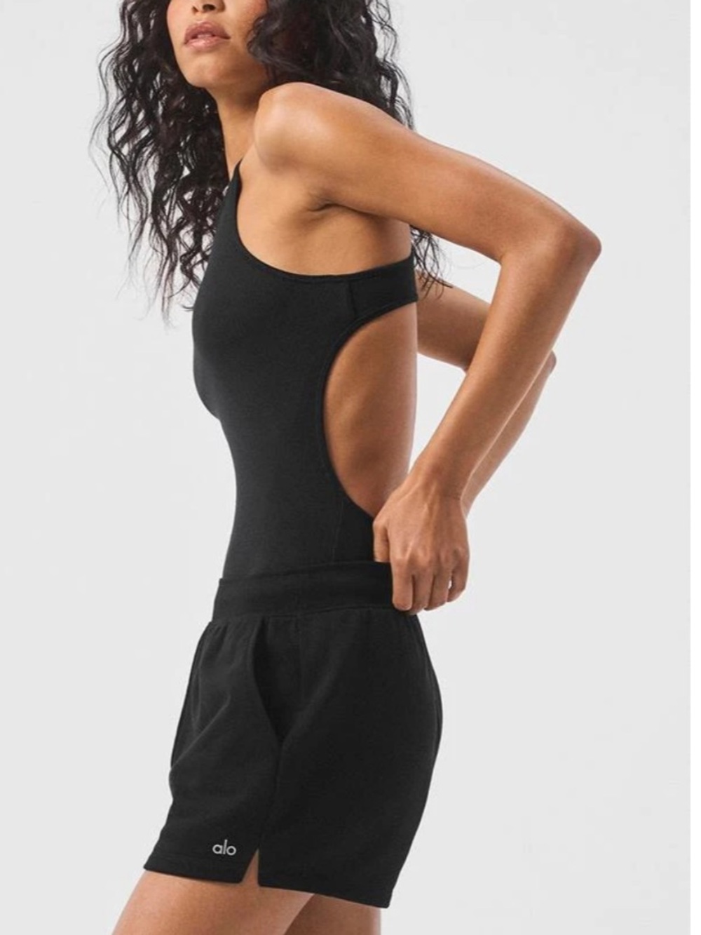 Alo yoga half court bodysuit small black seamless open back